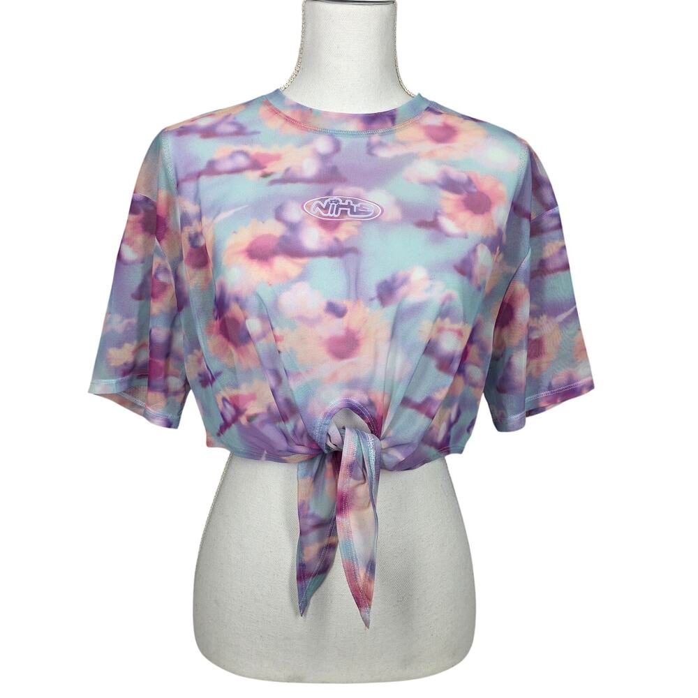 NIKE Y2K PASTEL TIE‑DYE MESH FRONT‑TIE CROPPED SHORT‑SLEEVE TOP – WOMEN’S MEDIUM